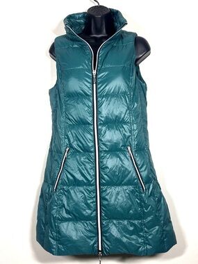 My Anorak Womens  M Long Down feather Vest Puffer Teal Green Nylon packable
